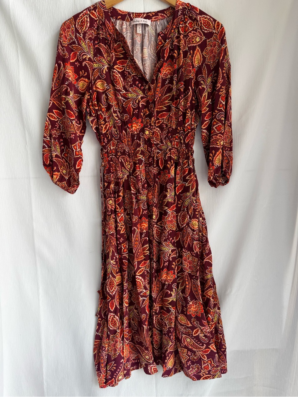 Rainbow & Rose Women’s S Burgundy Paisley V-Neck Long Sleeve Midi Dress BohoChic